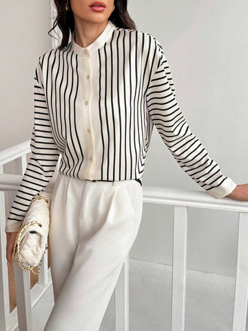 Privé Casual Geometric Striped Long Sleeve Shirt, Spring And Autumn