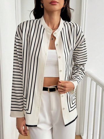 Privé Casual Geometric Striped Long Sleeve Shirt, Spring And Autumn