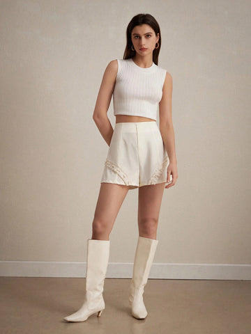 Privé Casual High-Waist Shorts With Sweet Pearl Embellishment