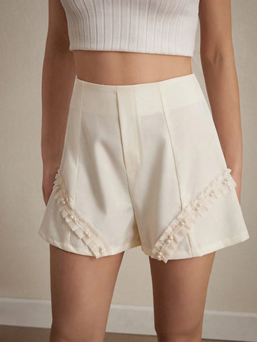 Privé Casual High-Waist Shorts With Sweet Pearl Embellishment