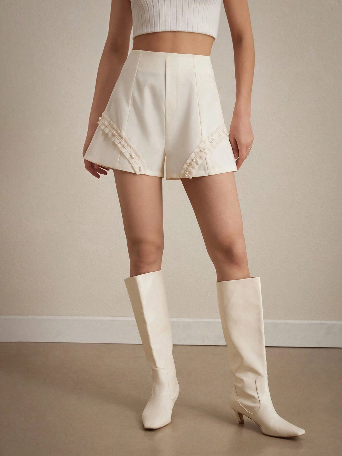 Privé Casual High-Waist Shorts With Sweet Pearl Embellishment