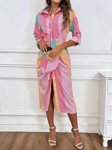 Casual Long Sleeve Self-Tie Striped Shirt Dress For Spring/Summer SKU: sz2404166701733758