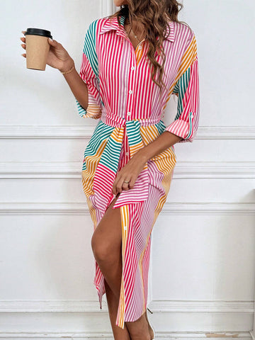 Casual Long Sleeve Self-Tie Striped Shirt Dress For Spring/Summer SKU: sz2404166701733758
