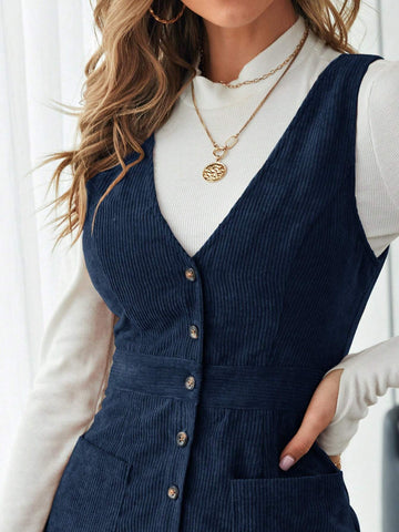 Casual Solid Color Front Button Sleeveless Corduroy Dress, Spring/Fall