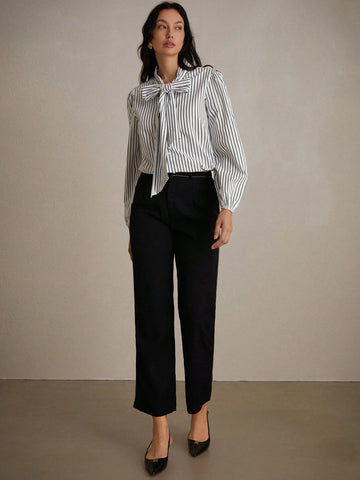 Privé Casual Striped Bow Tie Lace-Up Long Sleeve Shirt, Random Color