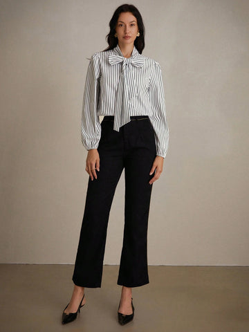 Privé Casual Striped Bow Tie Lace-Up Long Sleeve Shirt, Random Color