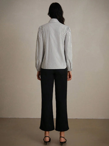 Privé Casual Striped Bow Tie Lace-Up Long Sleeve Shirt, Random Color