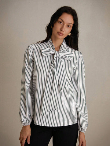 Privé Casual Striped Bow Tie Lace-Up Long Sleeve Shirt, Random Color