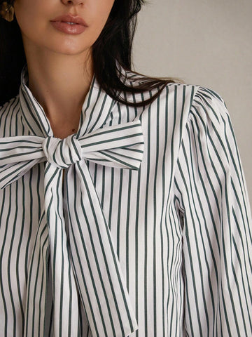 Privé Casual Striped Bow Tie Lace-Up Long Sleeve Shirt, Random Color