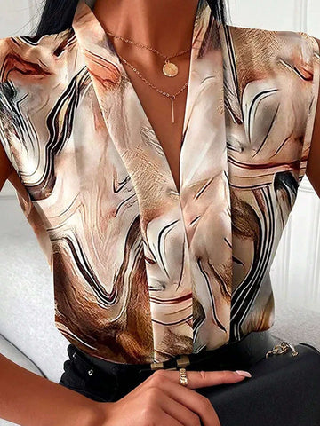 Privé Casual Summer Wave Pattern Printed Batwing Sleeve V-Neck Women Shirt