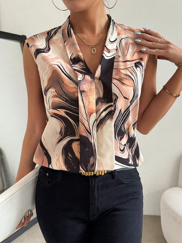 Privé Casual Summer Wave Pattern Printed Batwing Sleeve V-Neck Women Shirt