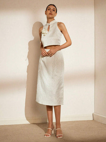 Chinese Style 3D Floral Jacquard A-Line Skirt Set For Women