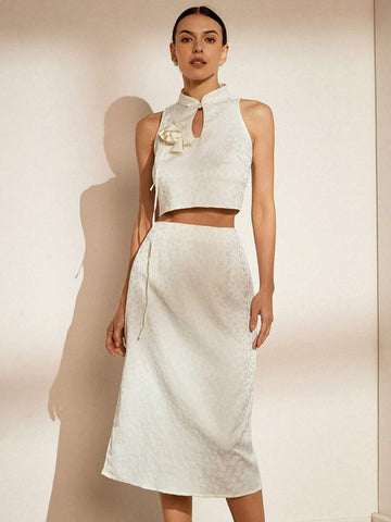 Chinese Style 3D Floral Jacquard A-Line Skirt Set For Women