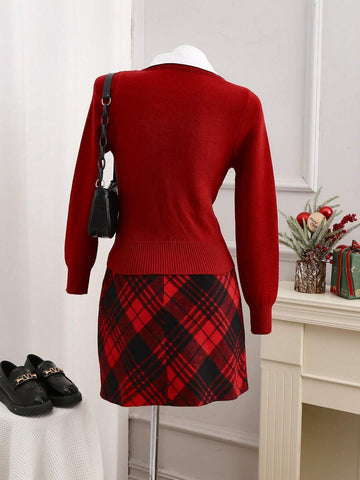 Privé Christmas Red Plaid Vintage A-Line Mini Skirt For Women, Autumn & Winter