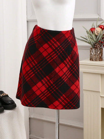 Privé Christmas Red Plaid Vintage A-Line Mini Skirt For Women, Autumn & Winter