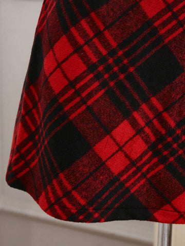 Privé Christmas Red Plaid Vintage A-Line Mini Skirt For Women, Autumn & Winter