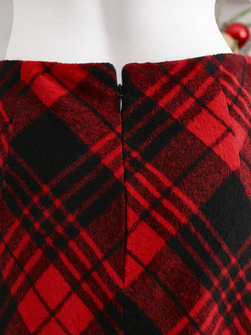 Privé Christmas Red Plaid Vintage A-Line Mini Skirt For Women, Autumn & Winter