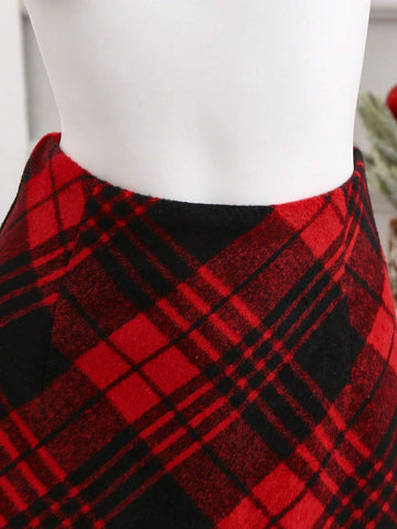 Privé Christmas Red Plaid Vintage A-Line Mini Skirt For Women, Autumn & Winter