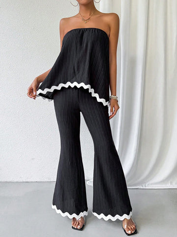 Color Blocking Textured Strapless Top And Flared Pants