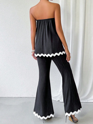Color Blocking Textured Strapless Top And Flared Pants