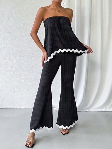 Color Blocking Textured Strapless Top And Flared Pants