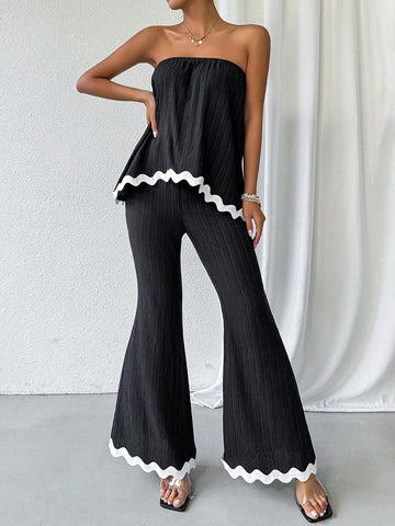 Color Blocking Textured Strapless Top And Flared Pants