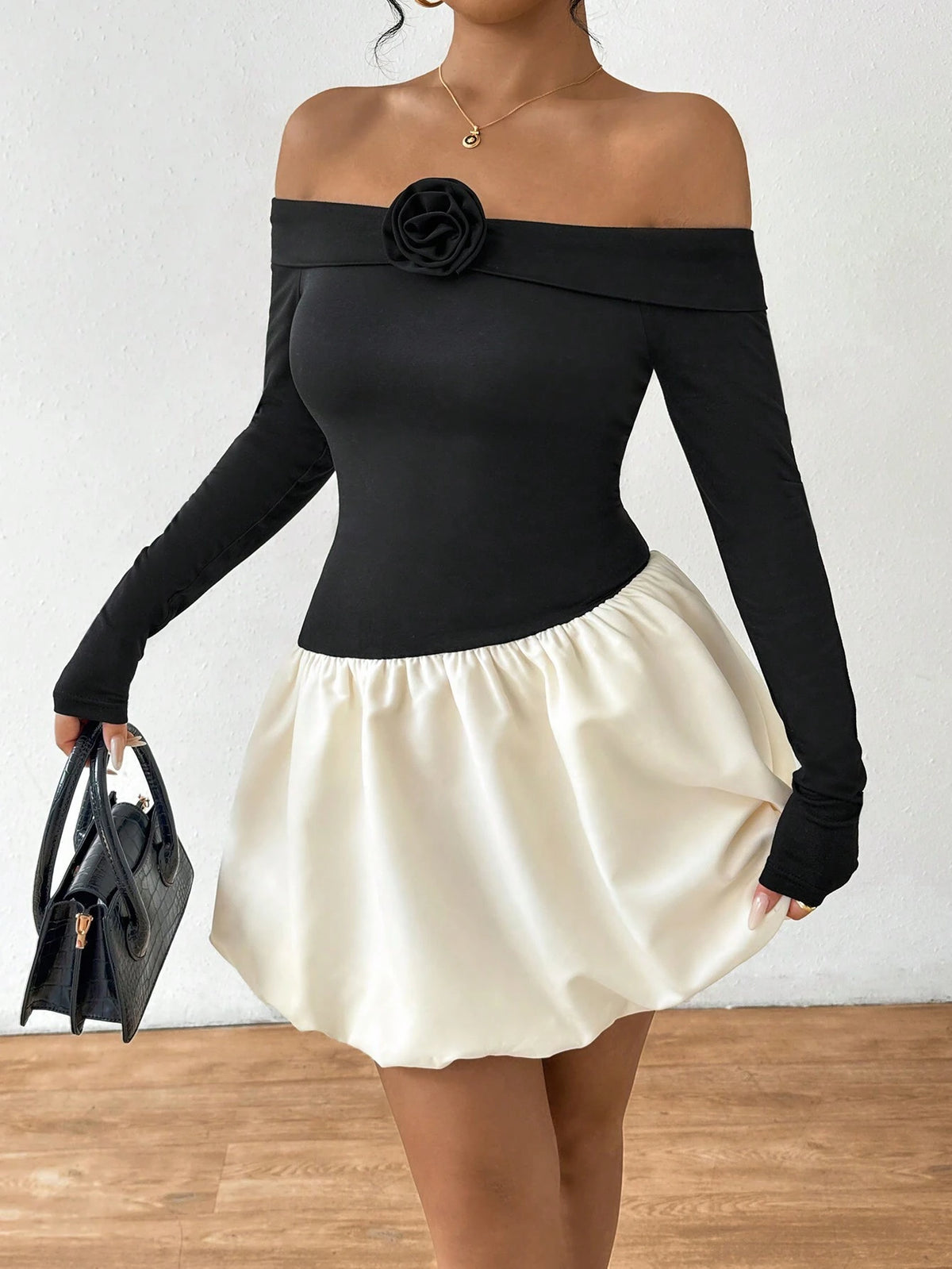 Colorblock Off Shoulder Casual Long Sleeve Dress
