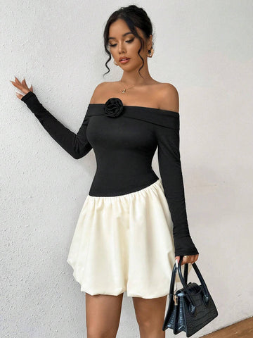 Colorblock Off Shoulder Casual Long Sleeve Dress