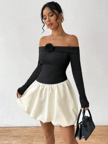 Colorblock Off Shoulder Casual Long Sleeve Dress