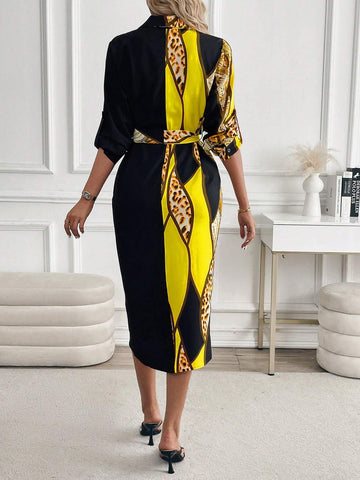 Colorblock Print Pleated Button Belt Long Sleeve Elegant Dress For Women