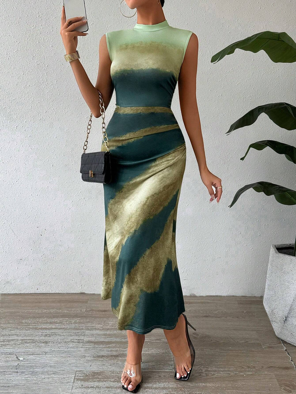 Colorblock Stand Collar Sleeveless Elegant Women's Summer Dress