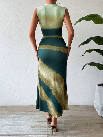Colorblock Stand Collar Sleeveless Elegant Women's Summer Dress