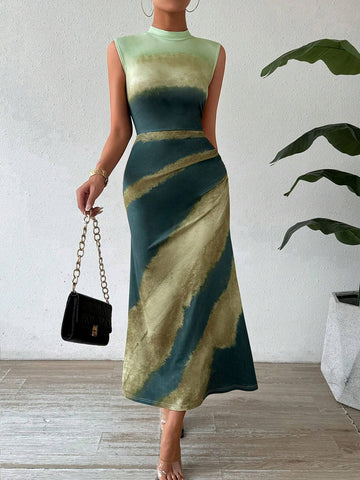 Colorblock Stand Collar Sleeveless Elegant Women's Summer Dress