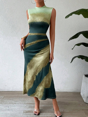 Colorblock Stand Collar Sleeveless Elegant Women's Summer Dress