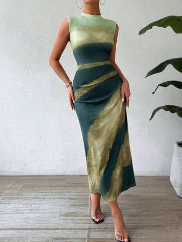 Colorblock Stand Collar Sleeveless Elegant Women's Summer Dress
