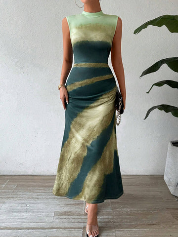 Colorblock Stand Collar Sleeveless Elegant Women's Summer Dress
