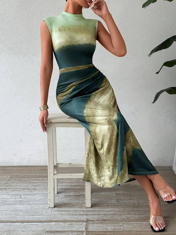Colorblock Stand Collar Sleeveless Elegant Women's Summer Dress