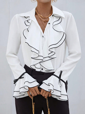 Contrast Binding Ruffle Trim Flare Sleeve Shirt