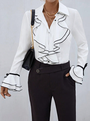 Contrast Binding Ruffle Trim Flare Sleeve Shirt