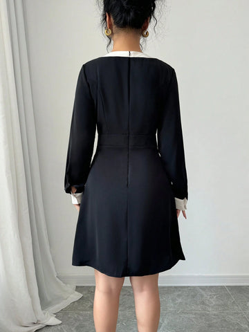 Contrast Color Bow Tie Long Sleeve Mini Dress