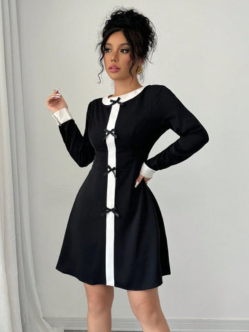 Contrast Color Bow Tie Long Sleeve Mini Dress