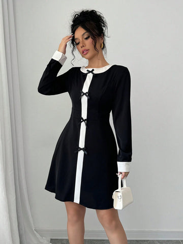 Contrast Color Bow Tie Long Sleeve Mini Dress