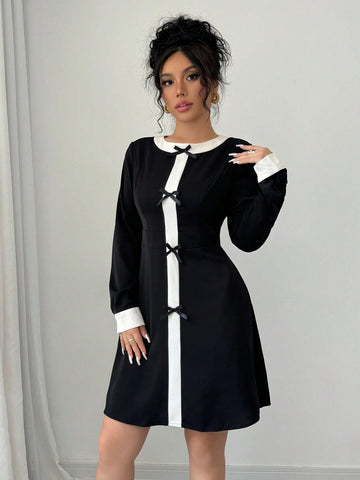 Contrast Color Bow Tie Long Sleeve Mini Dress