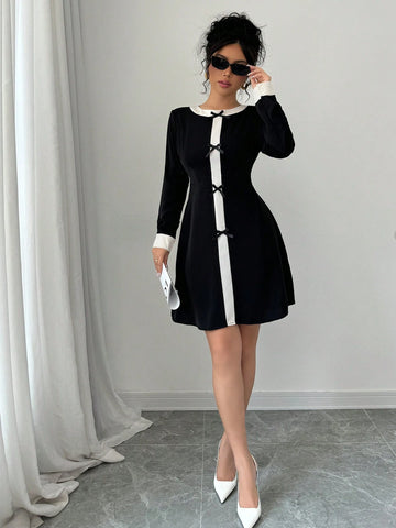 Contrast Color Bow Tie Long Sleeve Mini Dress