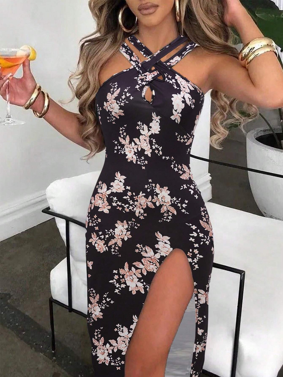 Contrast Color Floral Printed Halter Neck Sleeveless Dress, With Split Hem Up To Thighs For