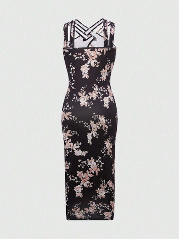 Contrast Color Floral Printed Halter Neck Sleeveless Dress, With Split Hem Up To Thighs For