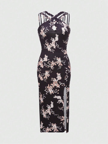 Contrast Color Floral Printed Halter Neck Sleeveless Dress, With Split Hem Up To Thighs For
