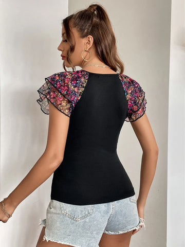 Privé Contrast Floral Print Mesh Layered Sleeve Tee