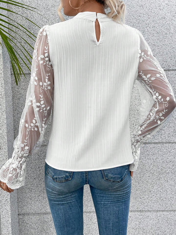 Contrast Lace Flare Sleeve Mock Neck Blouse