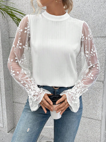 Contrast Lace Flare Sleeve Mock Neck Blouse